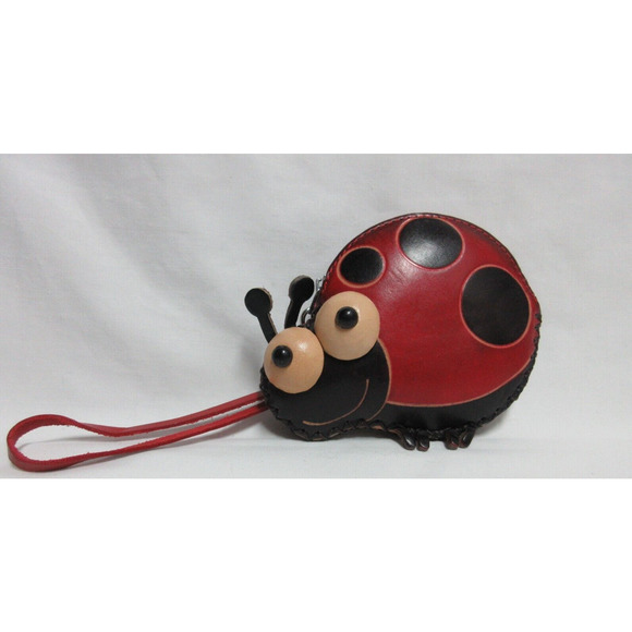 Ladybug Leather Wristlet Change Coin Purse Zip Wooden Googly Eyes GIFT - Picture 2 of 8